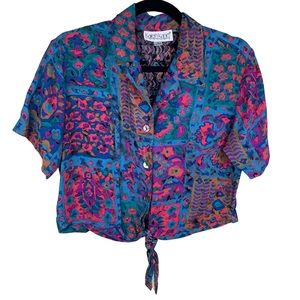 Vintage colorful Abstract Karen Kane Petite 8 button up Crop front Tie blouse